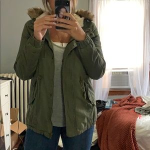 Olive Green Jacket with Fur Trim Hood